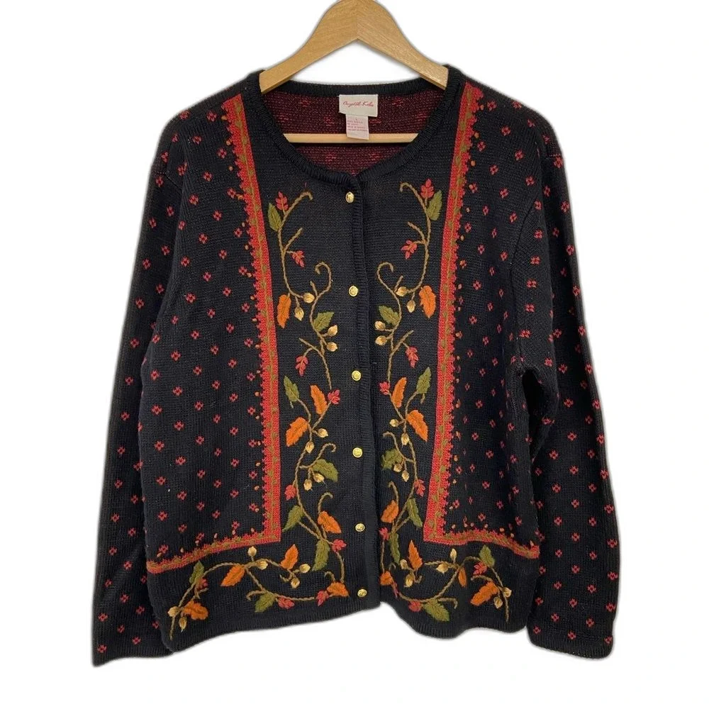 Vintage Crystal Kobe Black Cardigan Embroidered Flowers with Gold Buttons Large